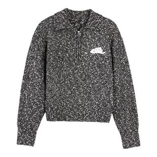 ELLE黑白花纱绵羊毛针织衫女25冬季新款翻领慵懒软糯套头宽松毛衣