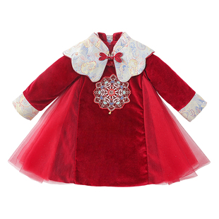 女童红色连衣裙冬季2025新款小女孩洋气公主裙加绒汉服儿童拜年服