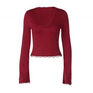 shemoda秋季蕾丝拼接深V领微喇长袖上衣女性感百搭弹力修身打底衫