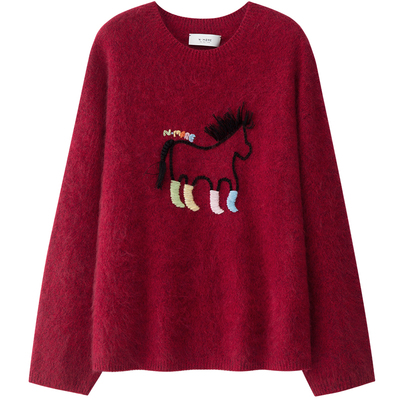 NMORE设计师品牌 26春季新款【马年限定】立体手绣彩靴圆领红毛衣