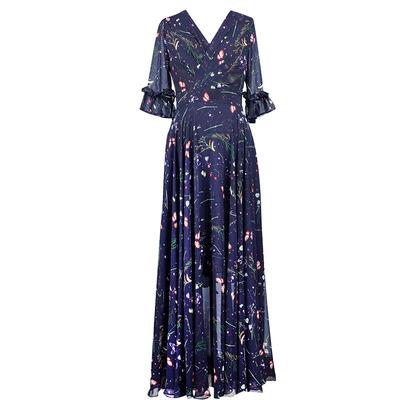 蓝色雪纺碎花连衣裙女过膝长裙