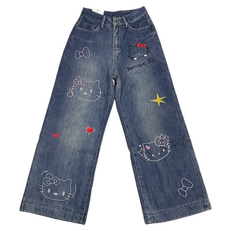 加厚加绒刺绣卡通HelloKitty牛仔裤女阔腿裤高腰学院风刺绣阔脚裤
