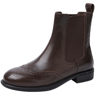 百田森2025秋冬新款棕色切尔西短靴女英伦风布洛克低跟短靴真皮