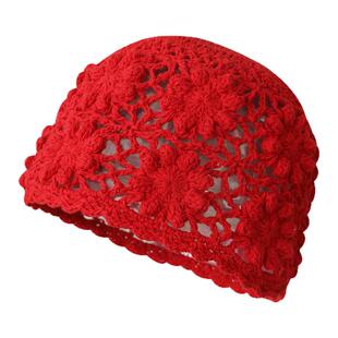 手工钩花纯色包头帽女生甜美紫色针织镂空帽子春夏季氛围感毛线帽