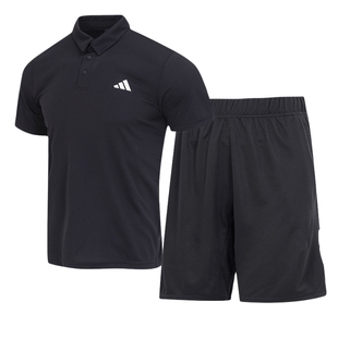 阿迪达斯网球运动套装男春季休闲训练健身POLO衫短袖五分裤两件套