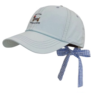 韩版可爱小狗刺绣棒球帽子女春夏季蝴蝶结绑带鸭舌帽女防晒太阳帽