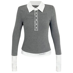 【艾米同款】易碎商店·冰冷学姐 拼色修身打底衫假两件针织上衣