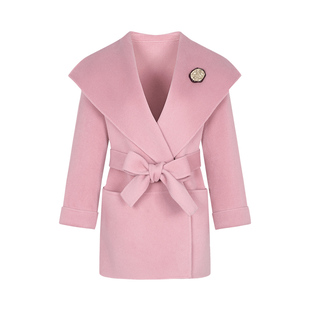 郁香菲翻领双面呢羊毛大衣女冬季通勤优雅系带收腰宽松毛呢外套