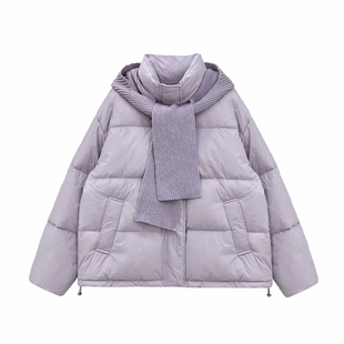 晴雨雪围巾短款羽绒服女立领针织帽韩版时尚披肩小个子白鸭绒外套