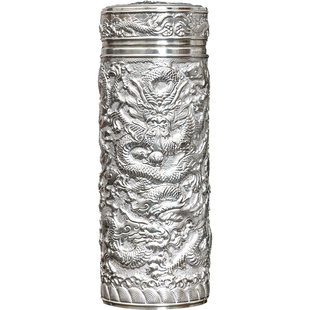 足银水杯999内外雪花九龙保温杯 送礼高浮雕百福保健杯纯银茶水杯