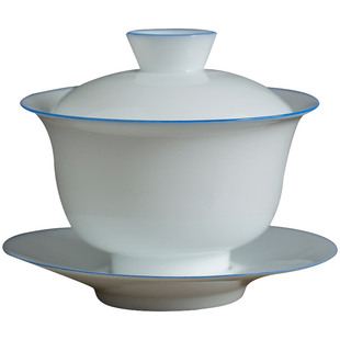 君器甜白瓷三才盖碗茶杯蓝线薄胎高端防烫陶瓷茶具大容量泡茶碗