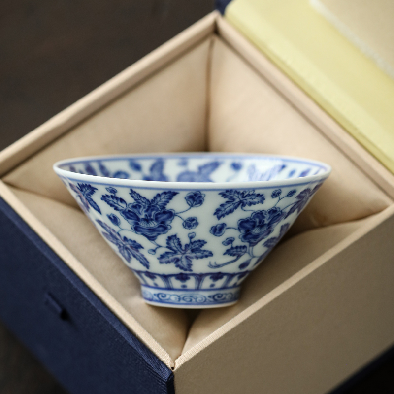 白瓷青花秋葵陶瓷茶杯主人杯个人专用品茗杯家用高端单个斗笠茶盏