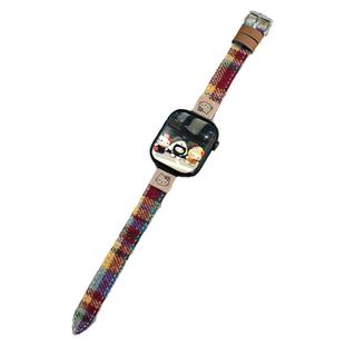 适用applewatchS11毛呢彩虹细款皮表带韩系彩色kitty猫格纹iWatch9/8/7/6苹果手表S10复古秋冬小蛮腰皮腕带女