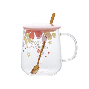 日系樱花杯子耐热玻璃水杯带刻度马克杯办公室女用花茶杯子带盖勺