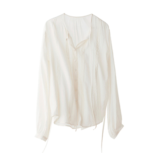 CR肌理感飘带白色衬衫女春夏季新款法式衬衣开衫长款简约松弛上衣