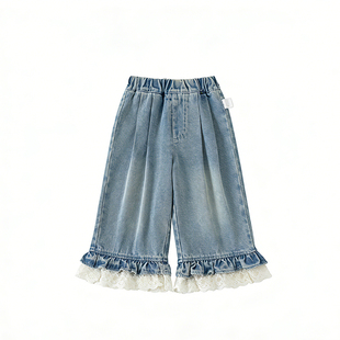 BB新款儿童牛仔裤花边拼接女童裤子百搭中小童大童直筒裤80-140码