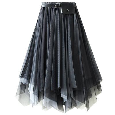 8808-送腰带不规则纱裙中长款