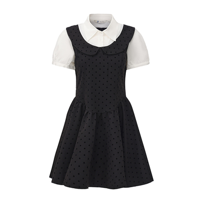 JK灰色波点大圆领收腰连衣裙