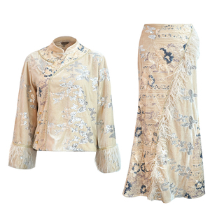 澄渔高定【山河枕】新中式重工珠片刺绣鸵鸟毛上衣鱼尾半身裙套装