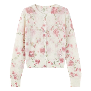 MISSCOCOON可可尼羊驼毛宽松开衫女2026春季新款圆领碎花针织衫