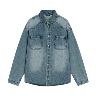 鹿家门2025春季新款宽松大码牛仔长袖衬衫男款运动健身上衣外套