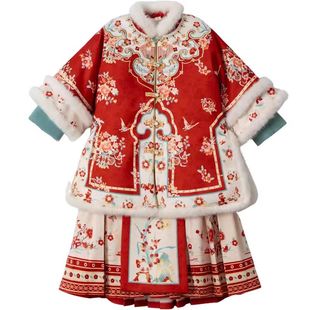 女童中国风汉服红色加厚冬季新年拜年服古风格格服套装新中式唐装