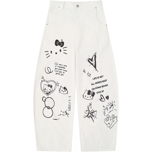 自然涩设计感凯蒂猫印花休闲裤女春秋季新款美式高街小众阔腿裤子