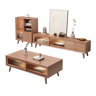 实木电视柜客厅简约现代北欧小户型整装落地藤编日式原木电视机柜