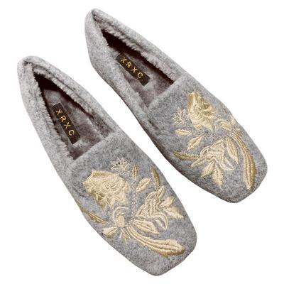 国风刺绣加绒软底毛毛鞋女豆豆鞋