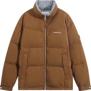 美特斯邦威立领面包羽绒服男款冬季新款千鸟格领口保暖羽绒外套男