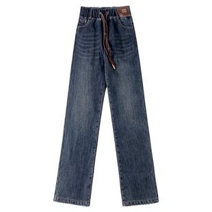加绒牛仔阔腿裤女2025年春季新款松紧高腰宽松爆款窄版便宜直筒裤