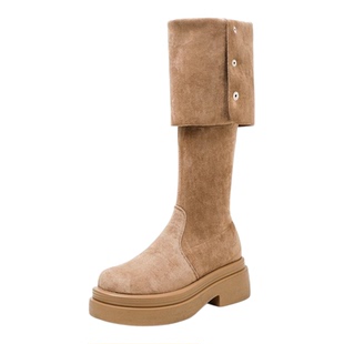 棕色靴子胖mm粗腿长筒靴高跟过膝靴显瘦美拉德女靴大筒围加绒瘦瘦
