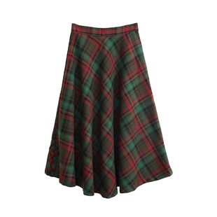 花吉Q560红绿色圣诞格子条纹宽松毛呢大摆伞裙2025新款秋冬半身裙
