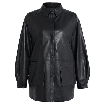 马天奴黑色翻领宽松绵羊皮衣外套