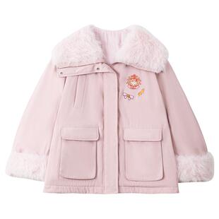 KEIKO 气质大翻领毛毛工装派克服女冬季甜系粉色加厚保暖棉服外套