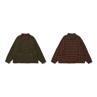 TIRES「澄砺」日系复古工装夹克 羊毛格子双面穿宽松厚外套男女