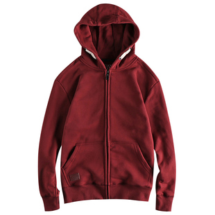 代购美式秋冬重磅加绒加厚连帽卫衣男 复古纯色简约青年开衫外套