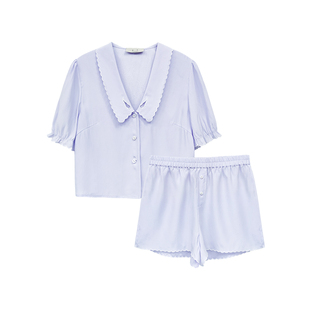 桑罗法式泡泡袖真丝睡衣桑蚕丝女士短袖短裤家居服套装