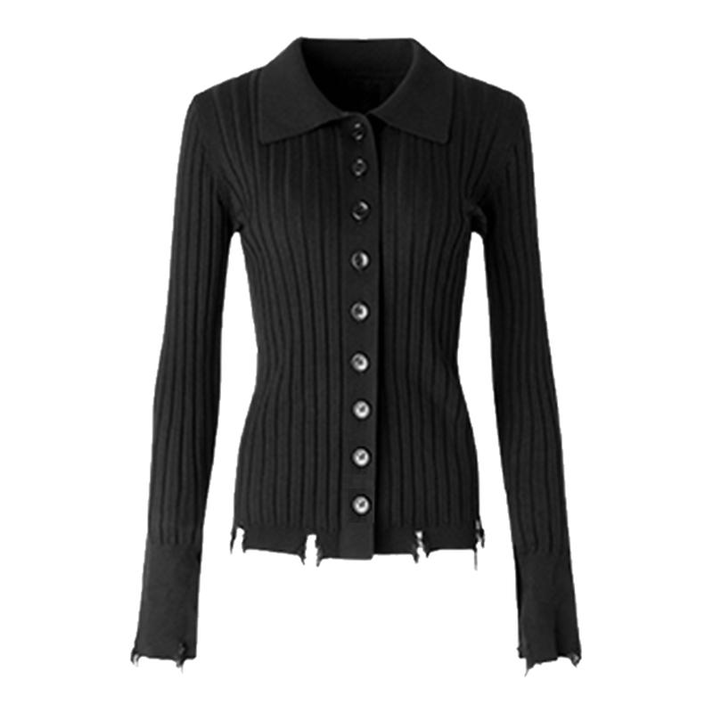 ourhour 坑条修身 黑色polo领喇叭袖破口毛边开衫 女设计感针织衫