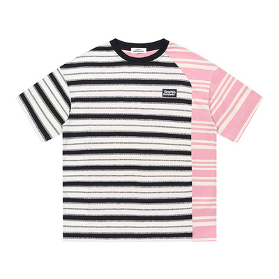 EMPTY REFERENCE 松弛感复古拼接条纹解构设计宽松圆领短袖T恤