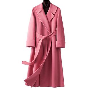 BXV粉色双面羊绒大衣女中长款2026春季新款系带高级感羊毛呢外套