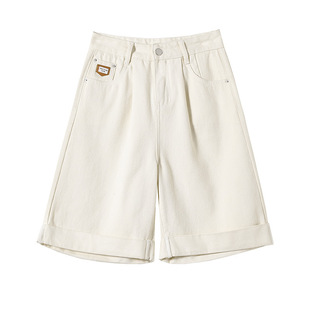 牛仔中裤五分裤女秋冬春季梨形身材马裤宽松阔腿卷边2026白色短裤