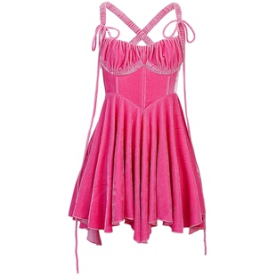 【70%SALE】Nodress 2023芭⽐粉丝绒肩带吊带短连衣裙