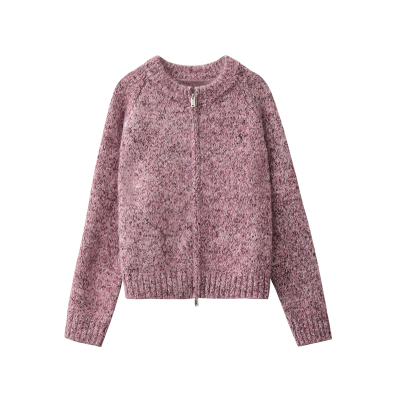 JIUJIU复古混纱花线双拉链针织开衫女冬季加厚保暖休闲毛衣外套