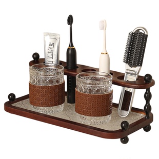 新款浴室台面牙膏牙刷置物架家用高颜值胡桃木漱口杯牙刷架双人