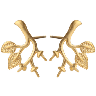 S925纯银珍珠耳饰配件时尚树枝耳环空托手工镶嵌圆珠水晶耳坠空托