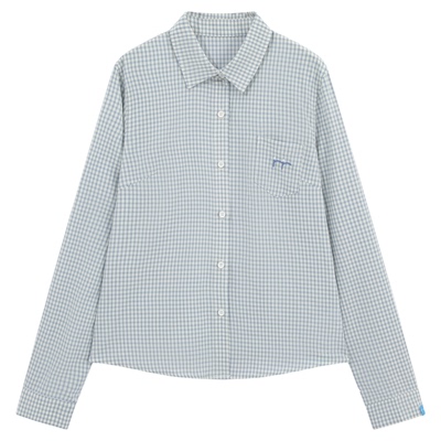 riverstone plus  长袖翻领刺绣格纹纽扣衬衫女格子短裙简约套装