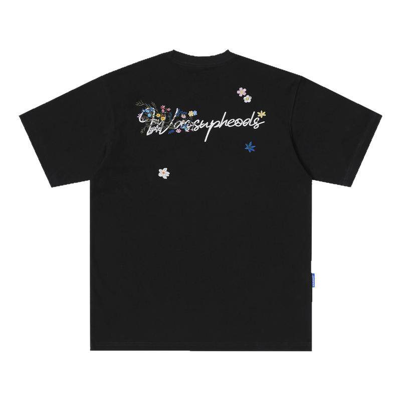WASSUP刺绣字母花卉t恤短袖男女