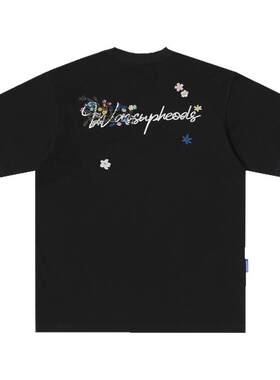 WASSUP刺绣字母花卉t恤短袖男女