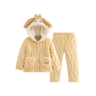 芬腾亲子睡衣女童儿童冬季三层加厚夹棉珊瑚绒套装女孩加绒家居服